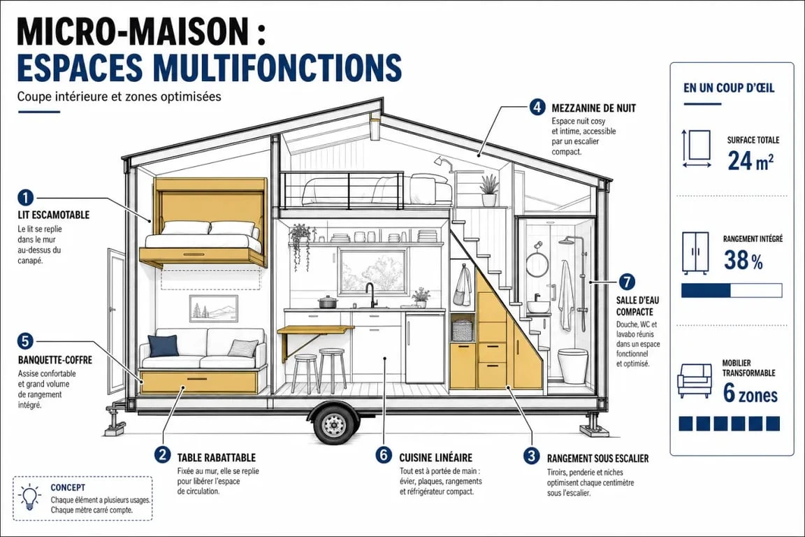 Aménagement tiny house : schéma des zones de vie et mobilier multifonction