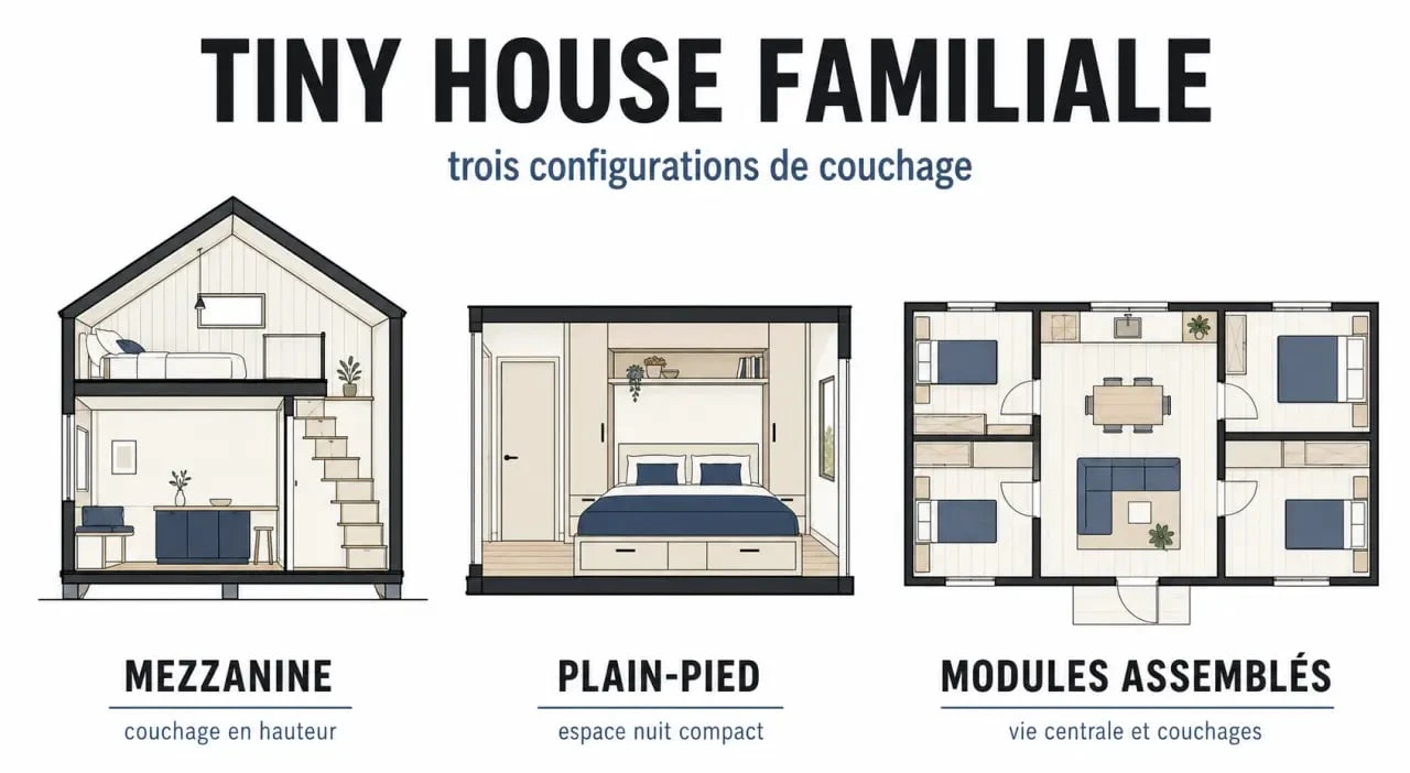 Tiny house 3 chambres illustrée en trois configurations familiales
