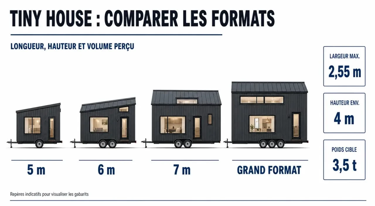 Dimension tiny house : comparaison visuelle des formats 5 m, 6 m, 7 m et grand format