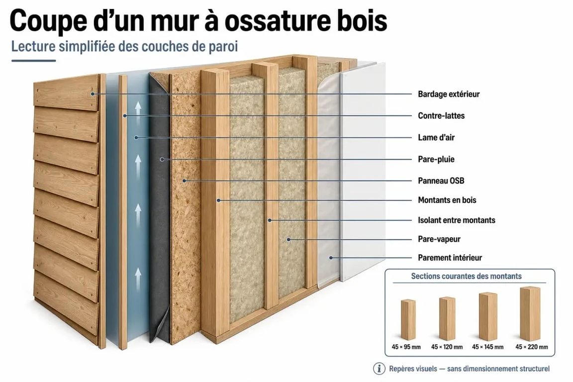 Section bois ossature : schéma d’un mur ossature bois avec montants, isolant et bardage
