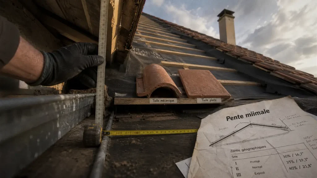 Pente minimale tuile : mesure hauteur rampan sur toiture en tuiles