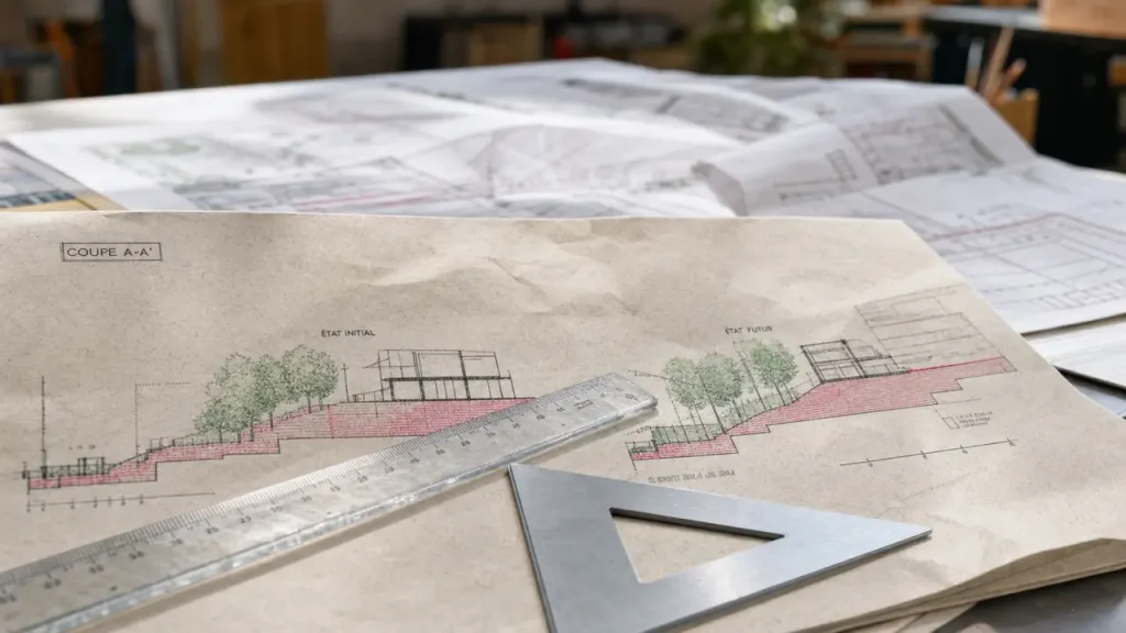 Plan de coupe maison : terrain naturel et état futur (coupe A-A’)