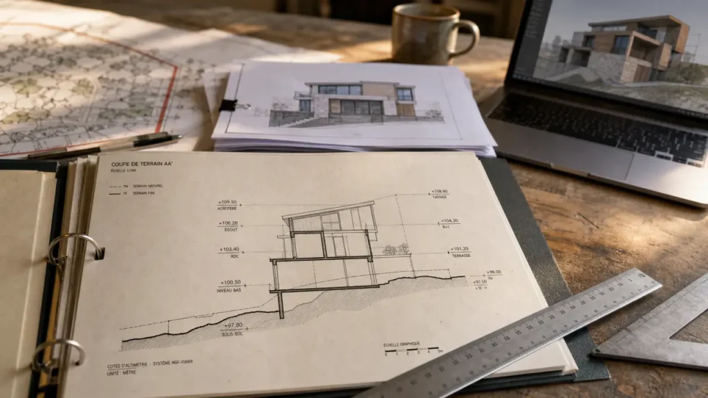 Plan en coupe du terrain et de la construction pour dossier d’urbanisme