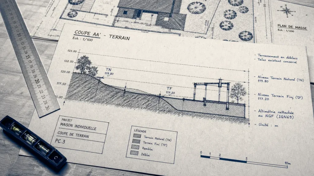 Plan en coupe du terrain : état initial et futur