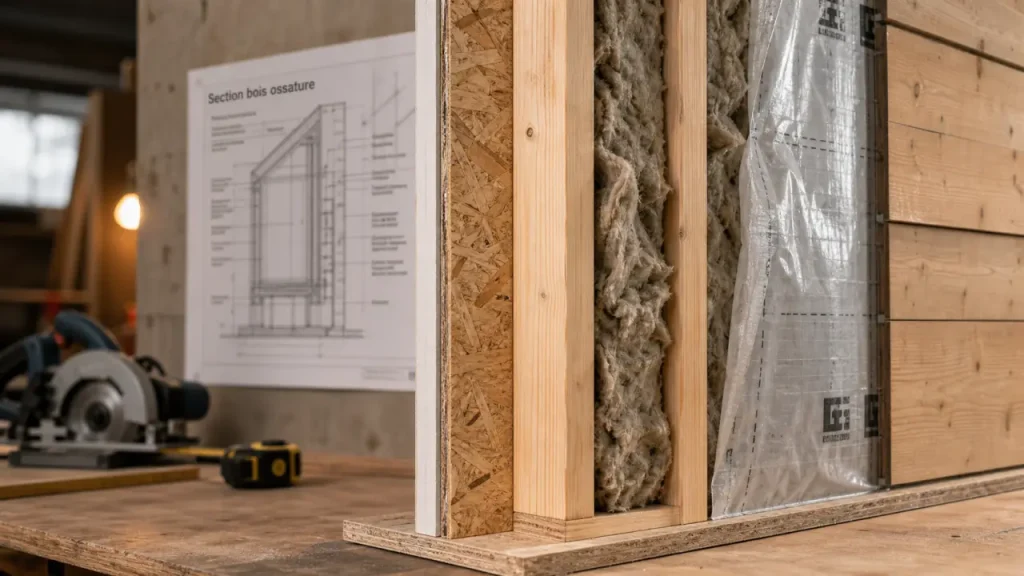 Section bois ossature : montants 45x145 mm, OSB et isolant
