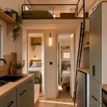 Intérieur lumineux d’une tiny house 3 chambres pour 6 personnes, cuisine compacte et espaces nuit
