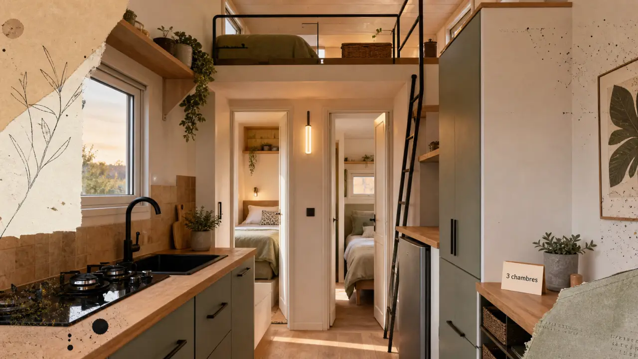 Intérieur lumineux d’une tiny house 3 chambres pour 6 personnes, cuisine compacte et espaces nuit