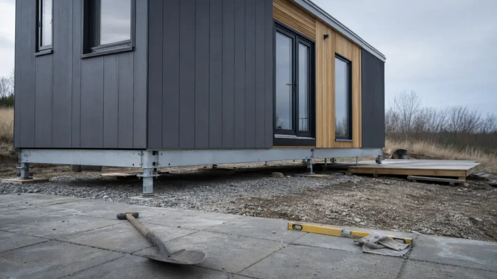 Tiny house fixe moderne sur structure métallique et pieds de réglage