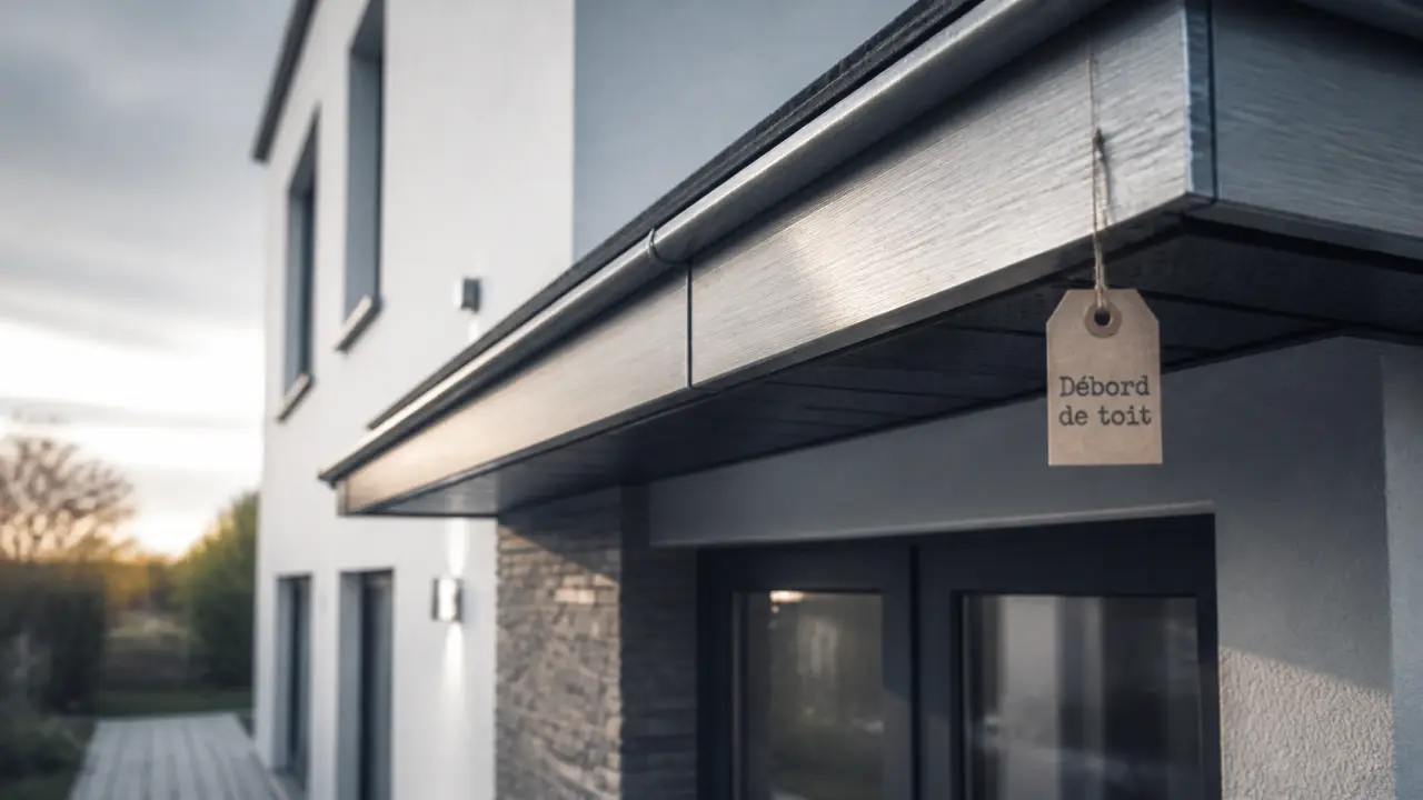Avancée de toit aluminium brossé : 35 cm façade, entrée 1 m, terrasse 3 m