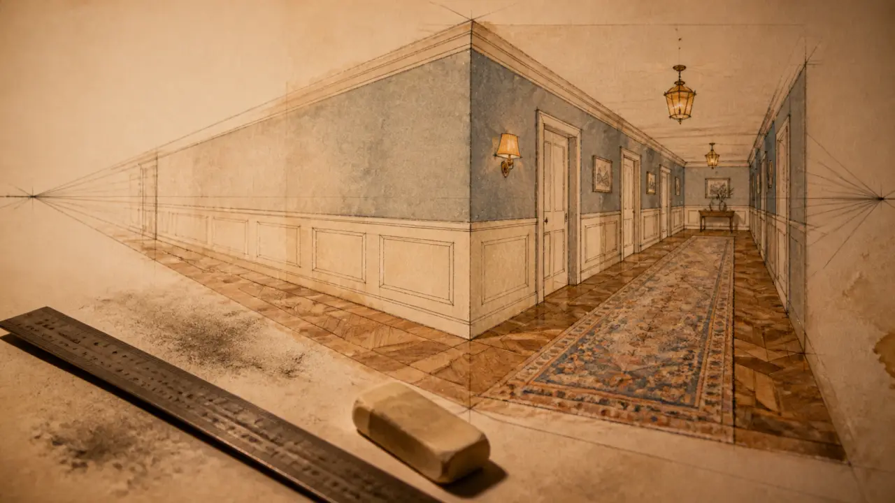 Dessin perspective intérieure : ligne d’horizon et points de fuite dans un couloir