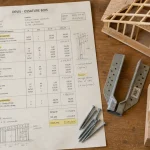 Devis charpente bois sur chantier, plan, mètre ruban et échantillon de bois