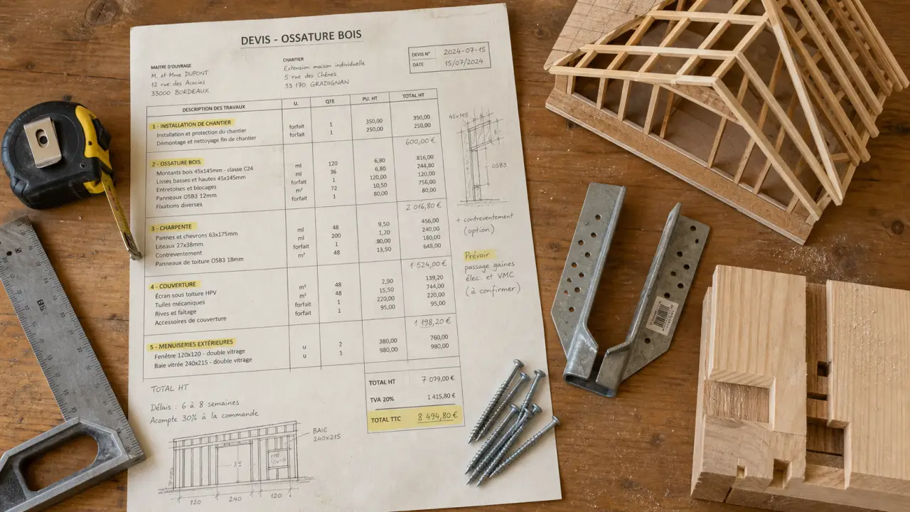 Devis charpente bois sur chantier, plan, mètre ruban et échantillon de bois