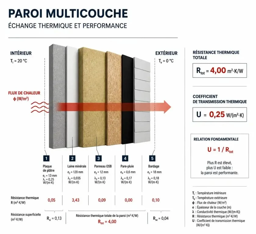 Schéma technique d'une paroi multicouche pour le calcul de l'isolation thermique