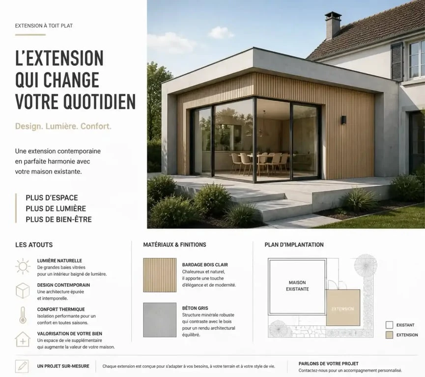 Extension maison cube toit plat moderne avec bardage bois