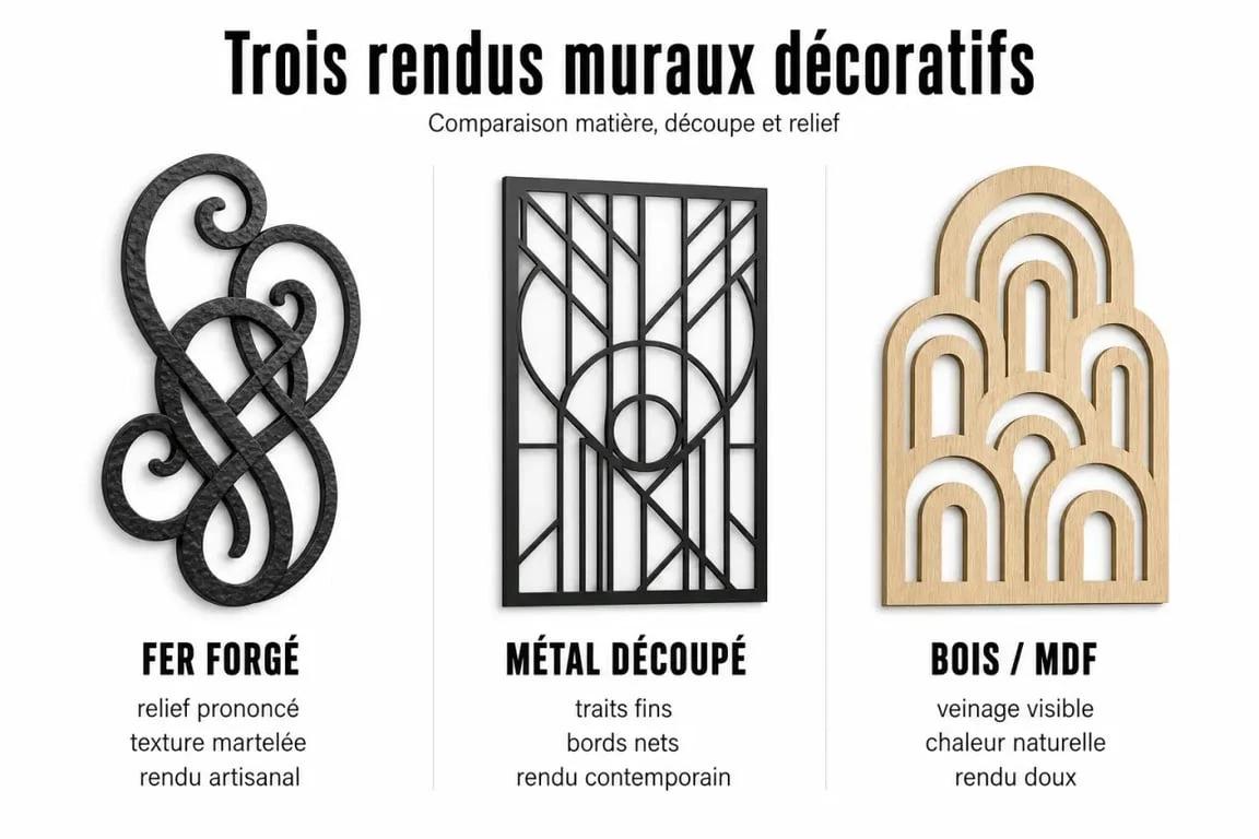 Décoration fer forgé intérieur : comparaison visuelle des rendus du fer forgé, du métal découpé et du bois ou MDF