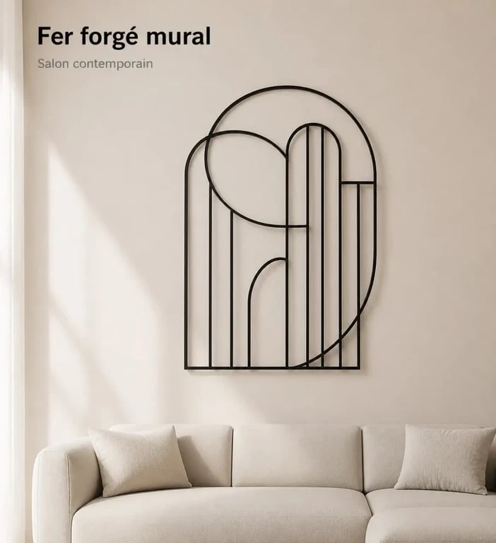 Décoration fer forgé intérieur dans un salon contemporain avec panneau mural noir au-dessus d’un canapé clair