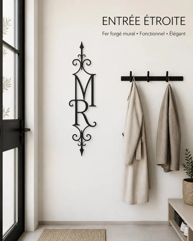 Décoration fer forgé intérieur dans une entrée étroite avec monogramme mural et ligne verticale élégante