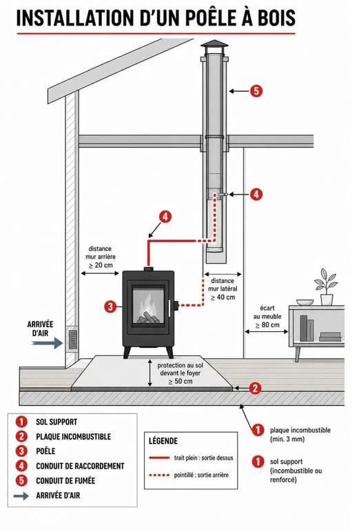 Schéma installation poêle à bois avec les 5 zones, la sortie dessus ou arrière et les distances de sécurité