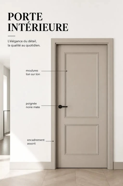 Décoration porte intérieur avec moulures, peinture et poignée moderne
