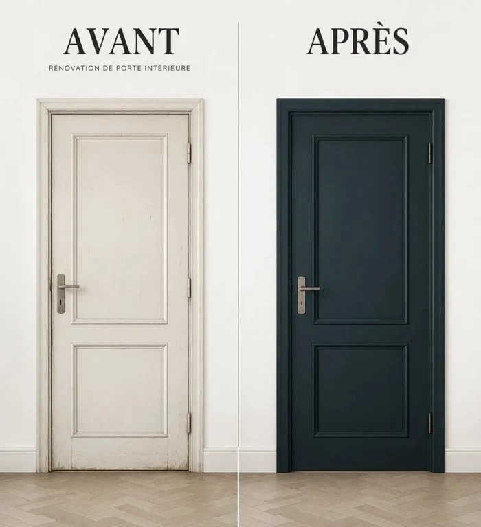 Décoration porte intérieur avant/après avec porte terne transformée en porte élégante