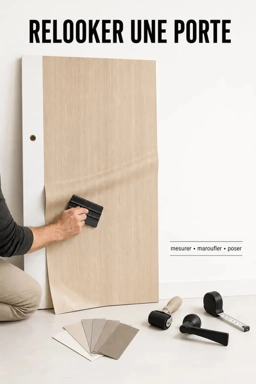 Décoration porte intérieur avec pose de revêtement adhésif et accessoires de rénovation
