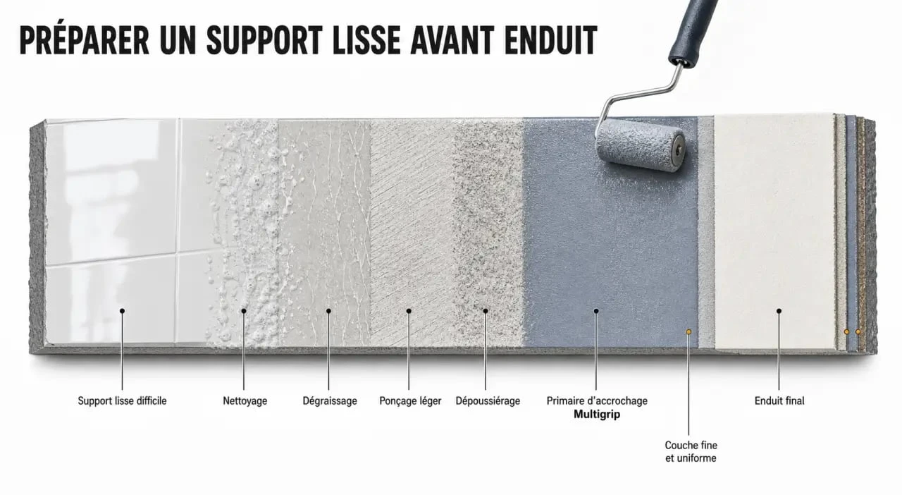 Quel primaire accroche Multigrip utiliser avant enduit : schéma de préparation d’un support lisse avec application du primaire puis de l’enduit