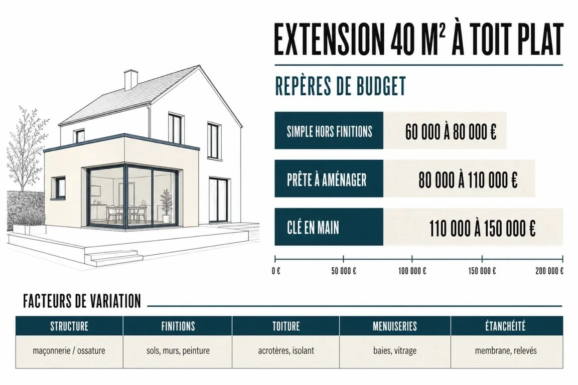 Prix extension maison 40m2 toit plat : comparaison visuelle des budgets et facteurs de prix