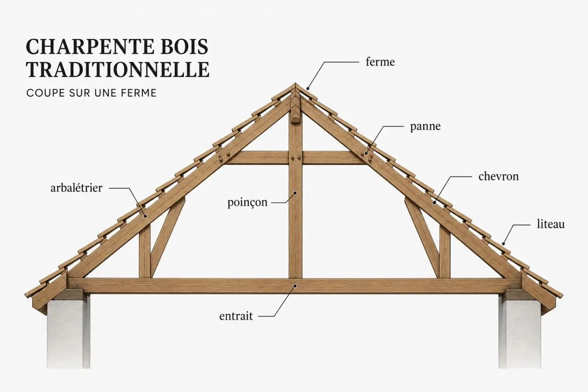 Schéma de lexique charpente bois pdf avec les principales pièces d’une charpente bois