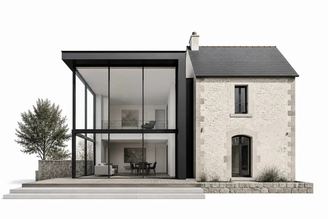 Extension maison acier contemporaine avec grande façade vitrée et structure métallique fine