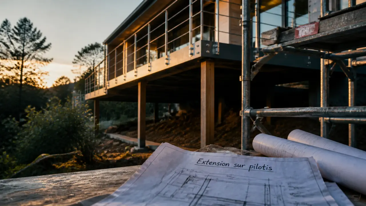 Extension maison sur pilotis au-dessus d’une pente, terrasse sur pilotis