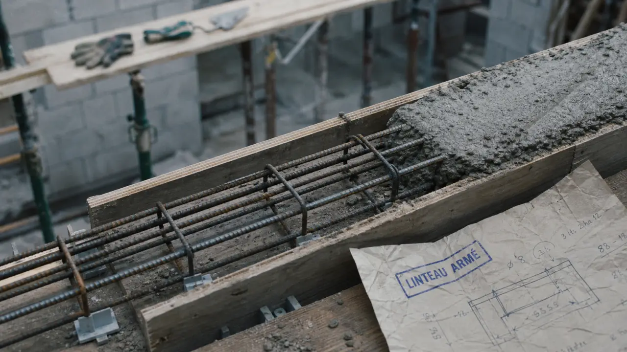 Linteau ferraillage : armatures et coffrage béton en chantier