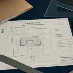 Plan de masse permis de construire sur papier, limites et cotes du terrain