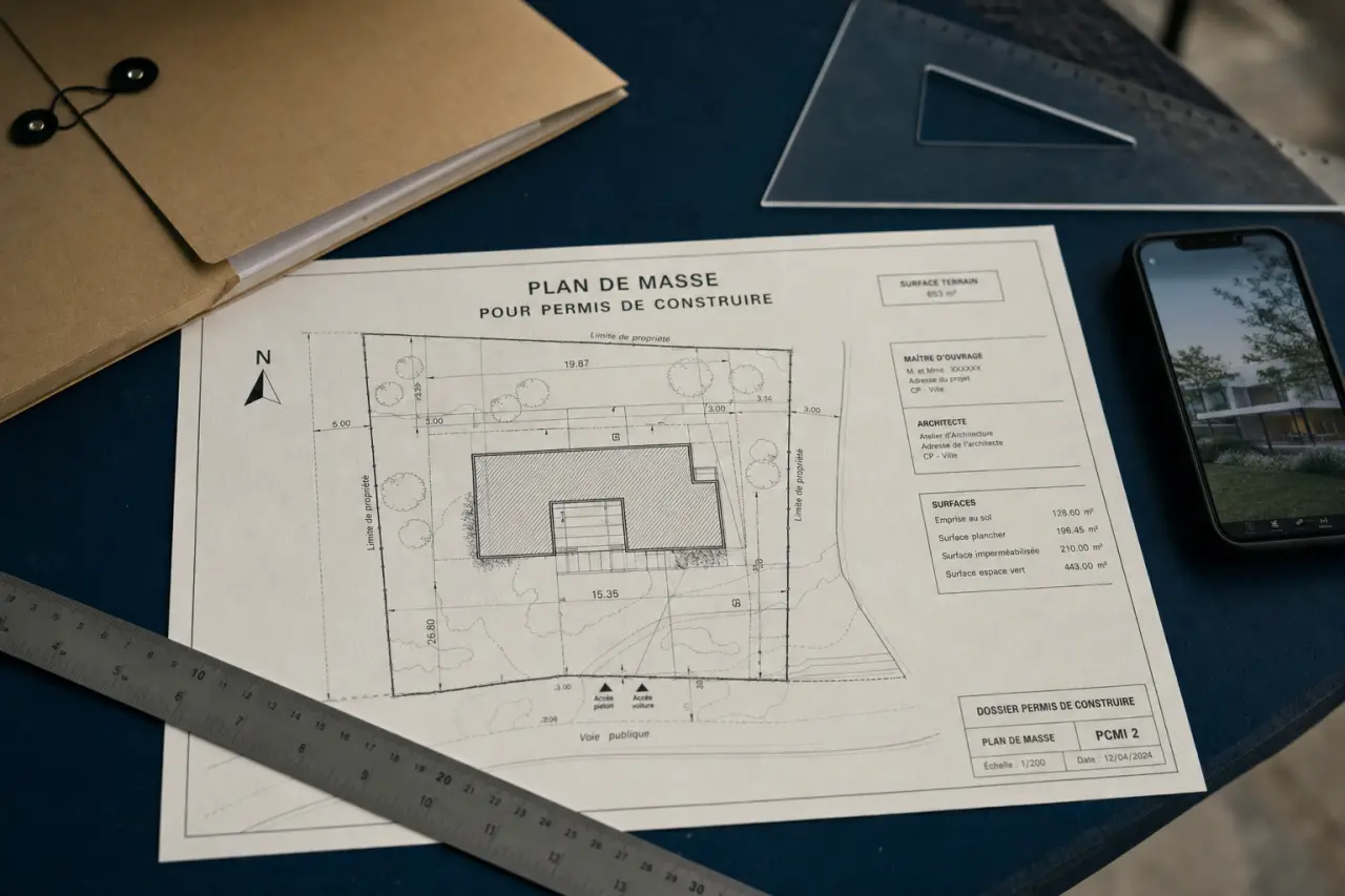 Plan de masse permis de construire sur papier, limites et cotes du terrain