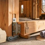 Poteau poutre bois avec assemblage métallique sur chantier intérieur