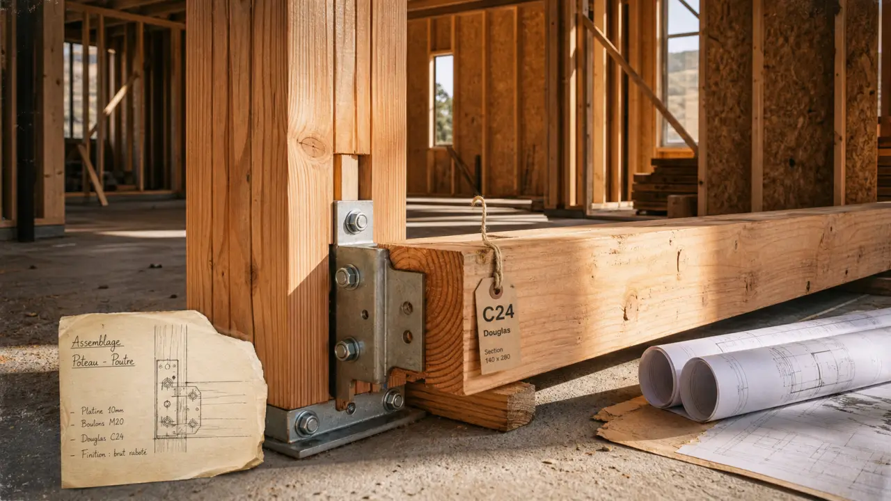 Poteau poutre bois avec assemblage métallique sur chantier intérieur