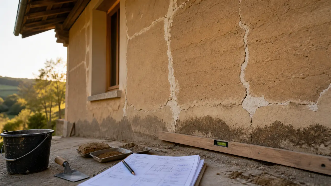 Rénovation maison pisé : contrôle de l’humidité sur mur en terre.