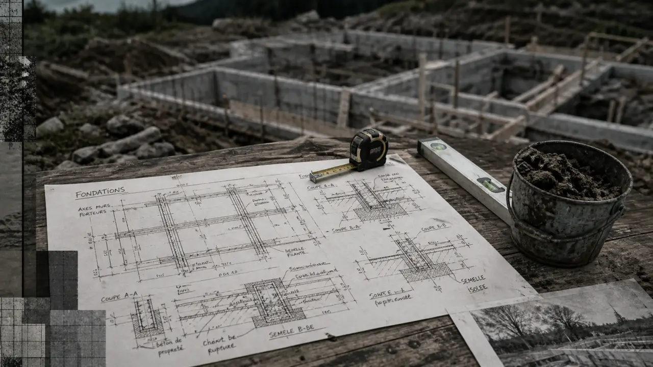 Schema fondation extension maison : semelles et joint de rupture