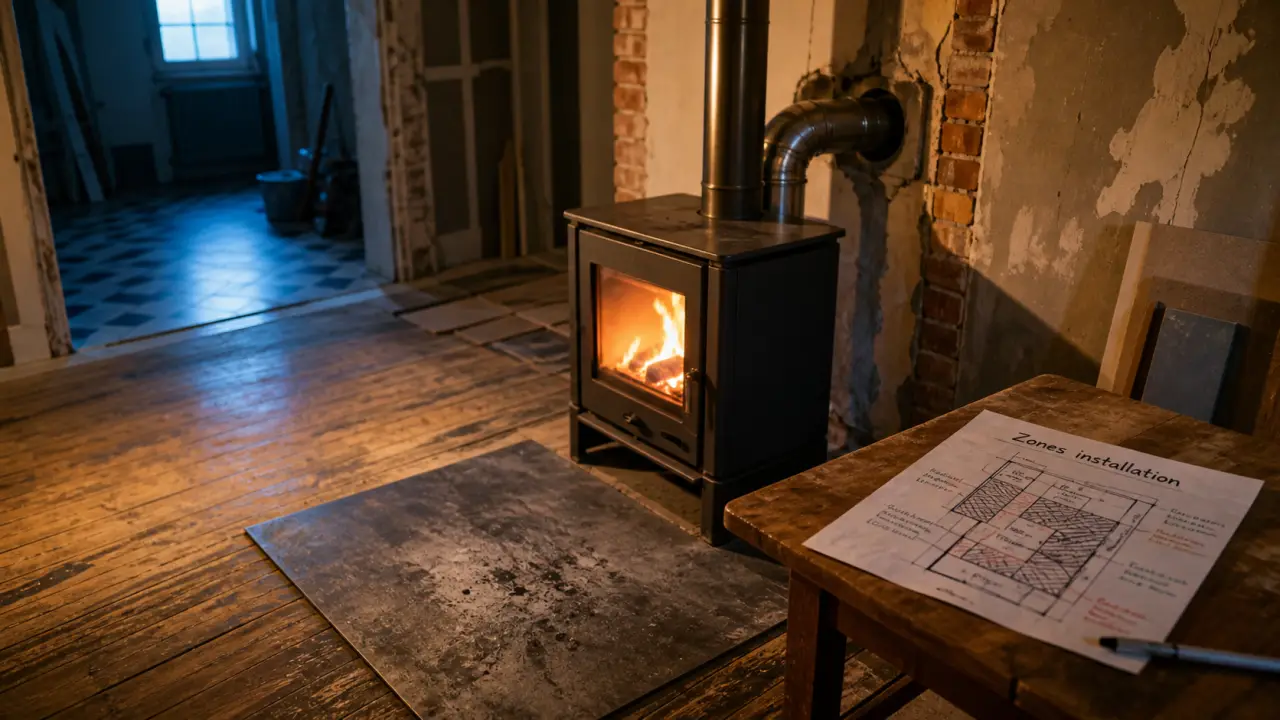 Schéma installation poêle à bois avec zones à vérifier