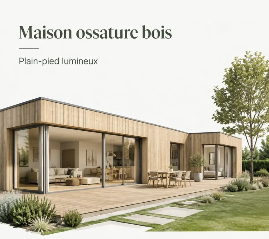 Plan maison ossature bois contemporain avec plain-pied ouvert sur le jardin