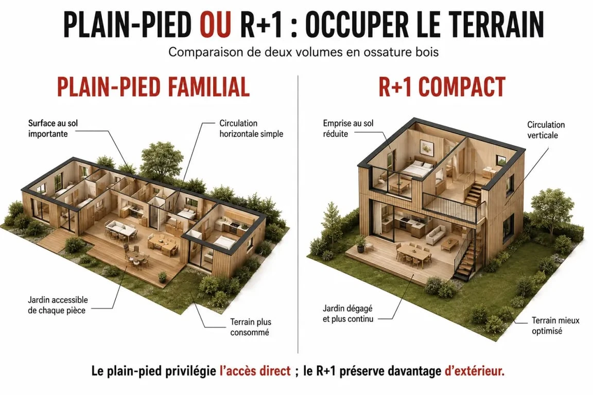 Comparatif plan maison ossature bois entre plain-pied et R+1