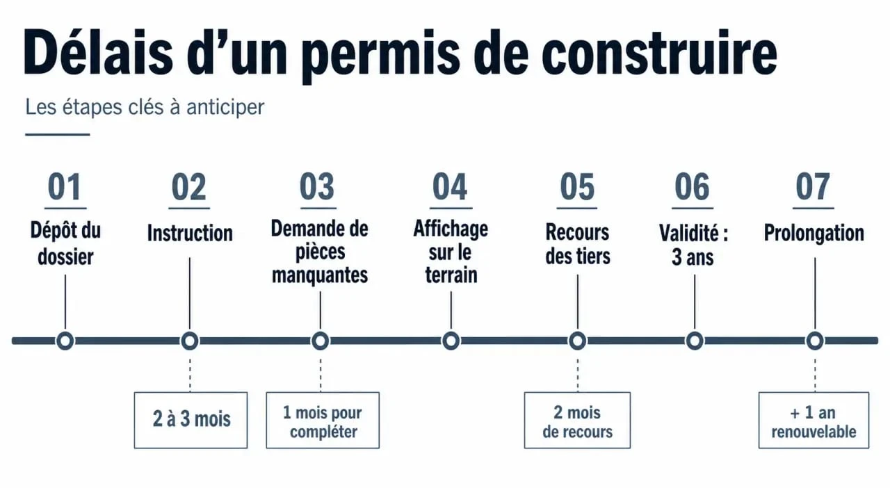 Permis de construire delais : frise chronologique des étapes et échéances clés