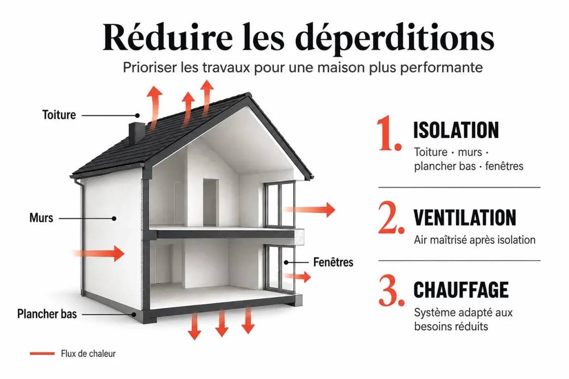 Rénovation énergétique maison : maison en coupe montrant les déperditions de chaleur et l’ordre des travaux prioritaires
