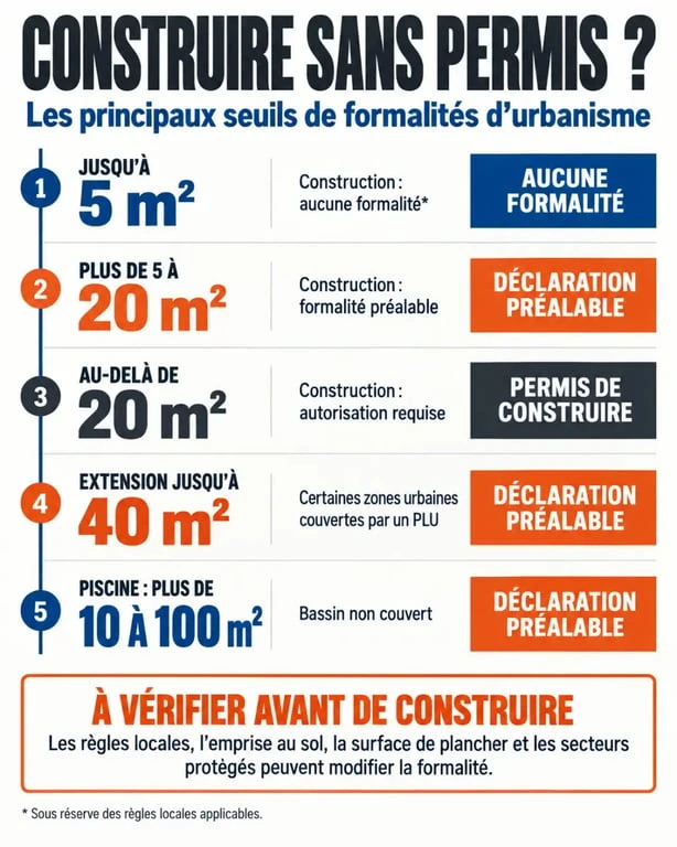 Infographie sur la construction sans permis de construire et les seuils de déclaration préalable ou de permis