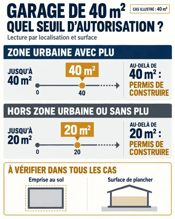 Garage 40m2 sans permis : infographie des seuils de déclaration préalable et de permis de construire