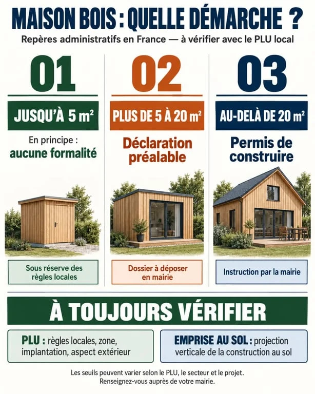 Infographie sur une maison bois sans permis de construire et les seuils de surface