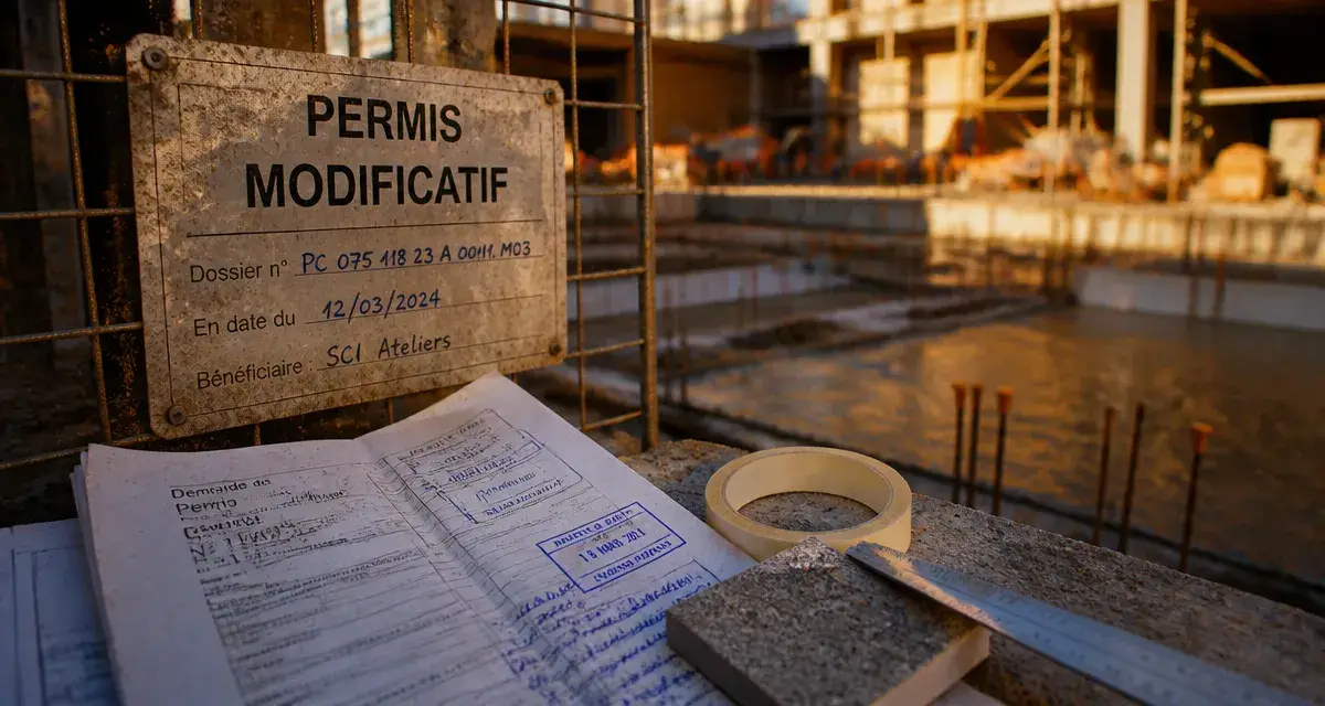 Panneau « Permis modificatif » pour modification permis de construire en cours de construction sur chantier