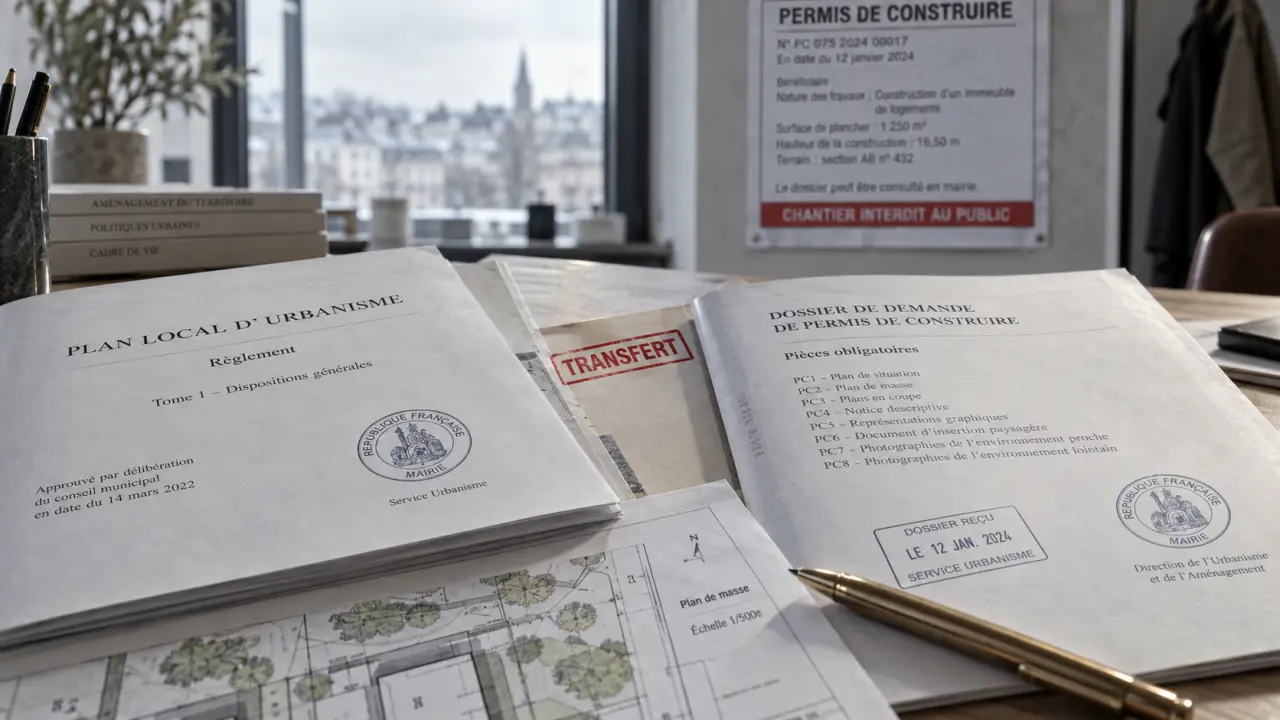 Transfert permis de construire : documents d’urbanisme et tampon rouge