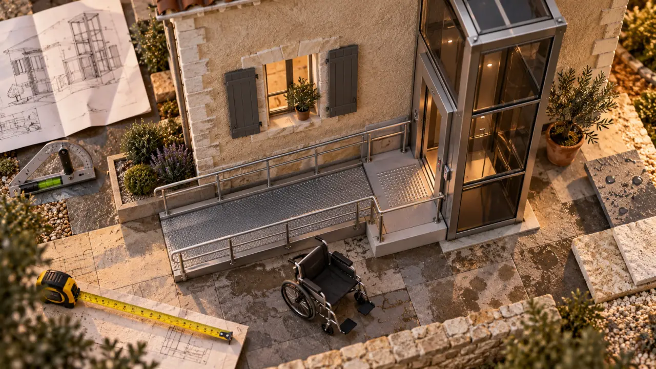 Ascenseur extérieur maison pour gagner de la place, rampe et palier PMR