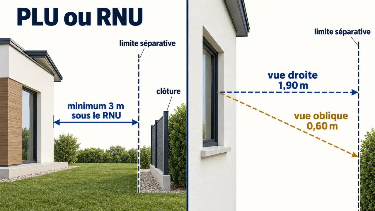 Infographie sur la distance de construction par rapport au voisin, les vues à 1,90 m et 0,60 m et la limite séparative