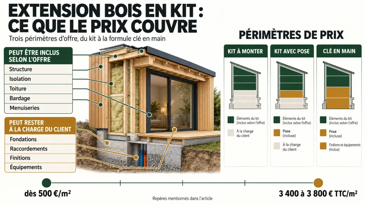 Infographie sur le prix d’une extension en bois en kit et les éléments inclus selon la formule